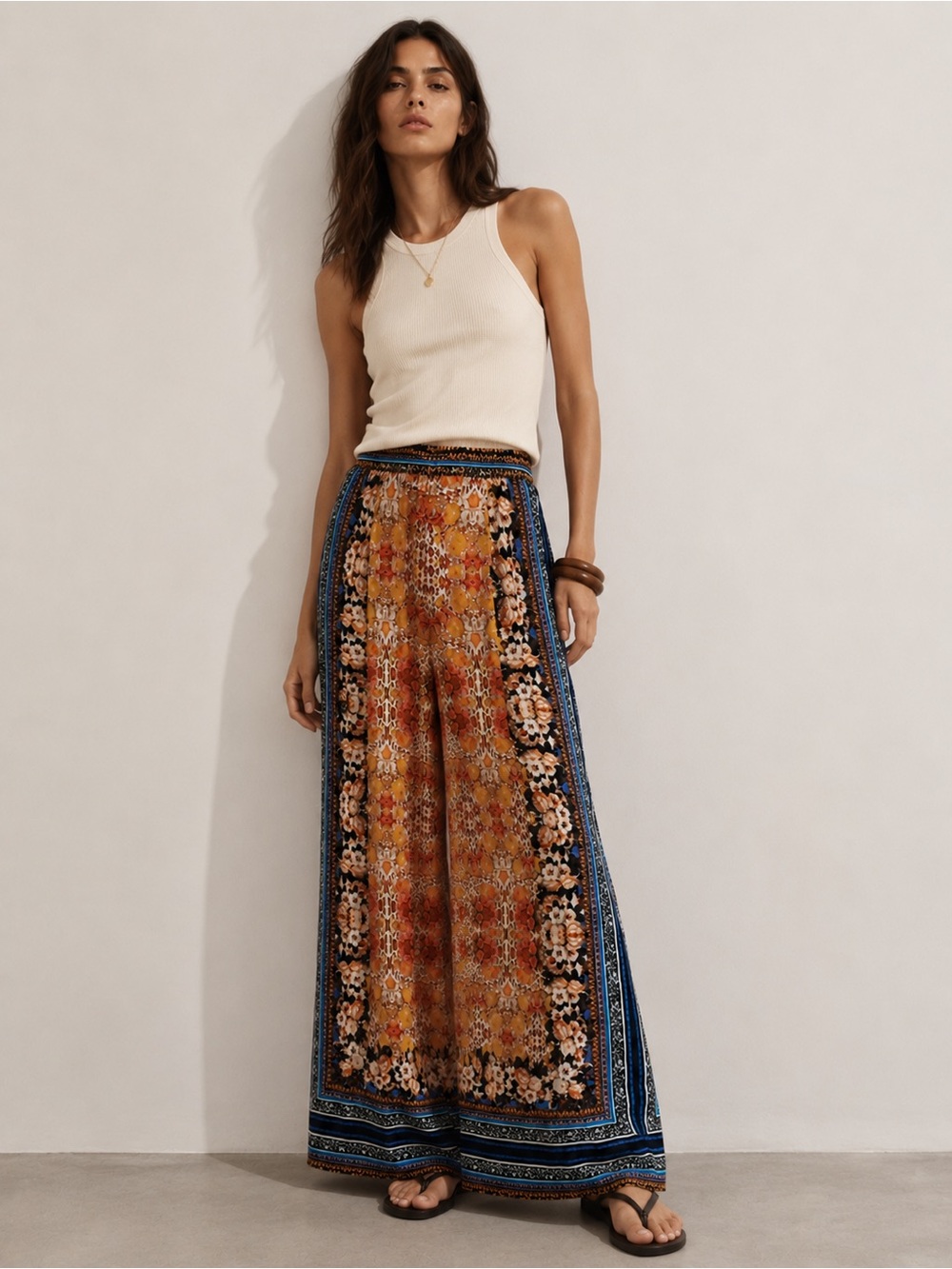 Ranna Gill Floral Printed Wide-Leg Pants Size 0 Boho Palazzo Trousers